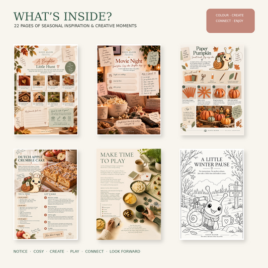 A collage showing six printable autumn-themed activity and inspiration pages with titles such as 'A Little Harvest Joy,' 'Movie Night,' 'Paper Pumpkin,' 'Dutch Apple Cinnamon Cake,' 'Make Time to Play,' and 'A Little Winter Pause.' The layout includes decorative fall illustrations, photos of cozy food and crafting, and text indicating 22 pages of seasonal inspiration and creative moments.