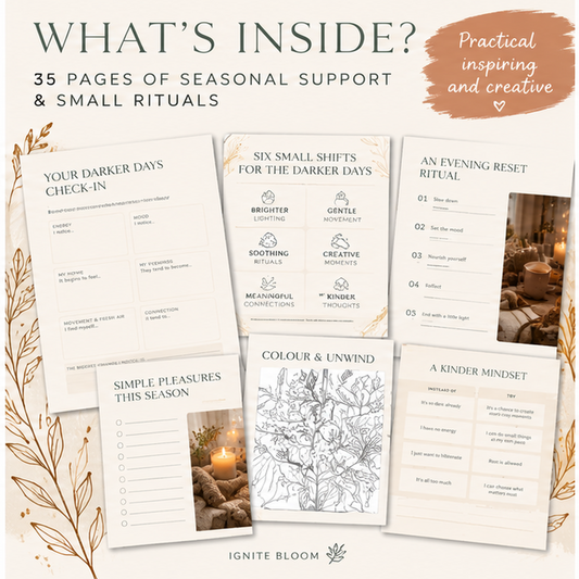 Promotional graphic for a printable journaling and self-care planner set titled 'What's Inside?' showing several cream-colored page designs arranged on a light gray background with botanical line art and a warm brown brushstroke accent. Visible text includes '35 pages of seasonal support & small rituals' and the brand name 'Ignite Bloom' at the bottom.