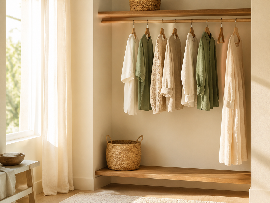 Use:  `A calm, sunlit wardrobe with a few neatly spaced neutral and sage-green clothes`