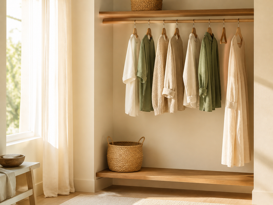 Use:  `A calm, sunlit wardrobe with a few neatly spaced neutral and sage-green clothes`