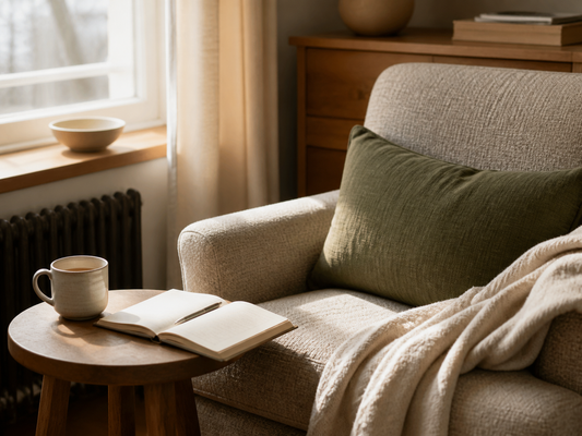 Use:  `A sunlit armchair with a journal, tea and a soft blanket for a quiet moment at home`