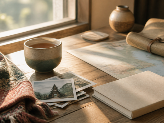Use:  `Tea, travel photographs, a map and a notebook on a sunlit wooden desk`