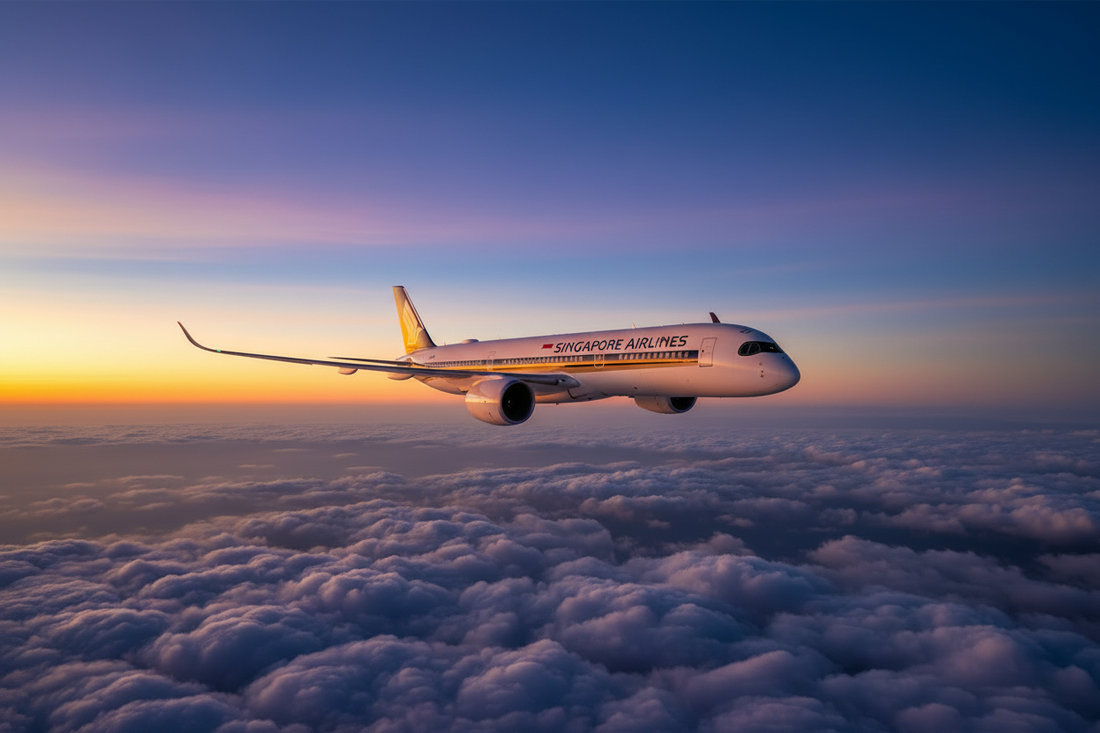 Singapore Airlines airplane flying above the clouds in a clear blue sky