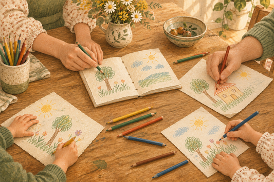 illustration of parents and children drawing together with coloured pencils around a wooden table
