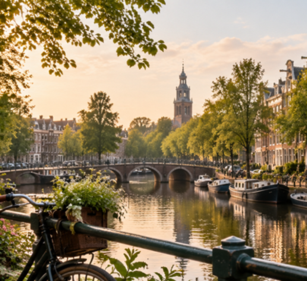 A book cover titled "Dreaming Dutch: Autumn in the Netherlands" with a photograph of a cobblestone canal street lined with bicycles, hanging flower baskets, and autumn trees, framed by muted green bands at the top and bottom.