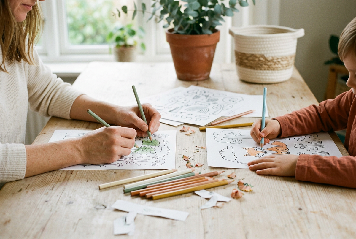 Warm family colouring scene for the Kids & Family banner