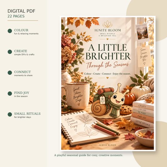 Promotional graphic for a digital PDF copybook guide titled 'A Little Brighter Through the Seasons' by Ignite Bloom. The right side shows a cozy autumn-themed illustrated cover with a snail character, notebooks, cookies, pumpkins, and fall leaves.