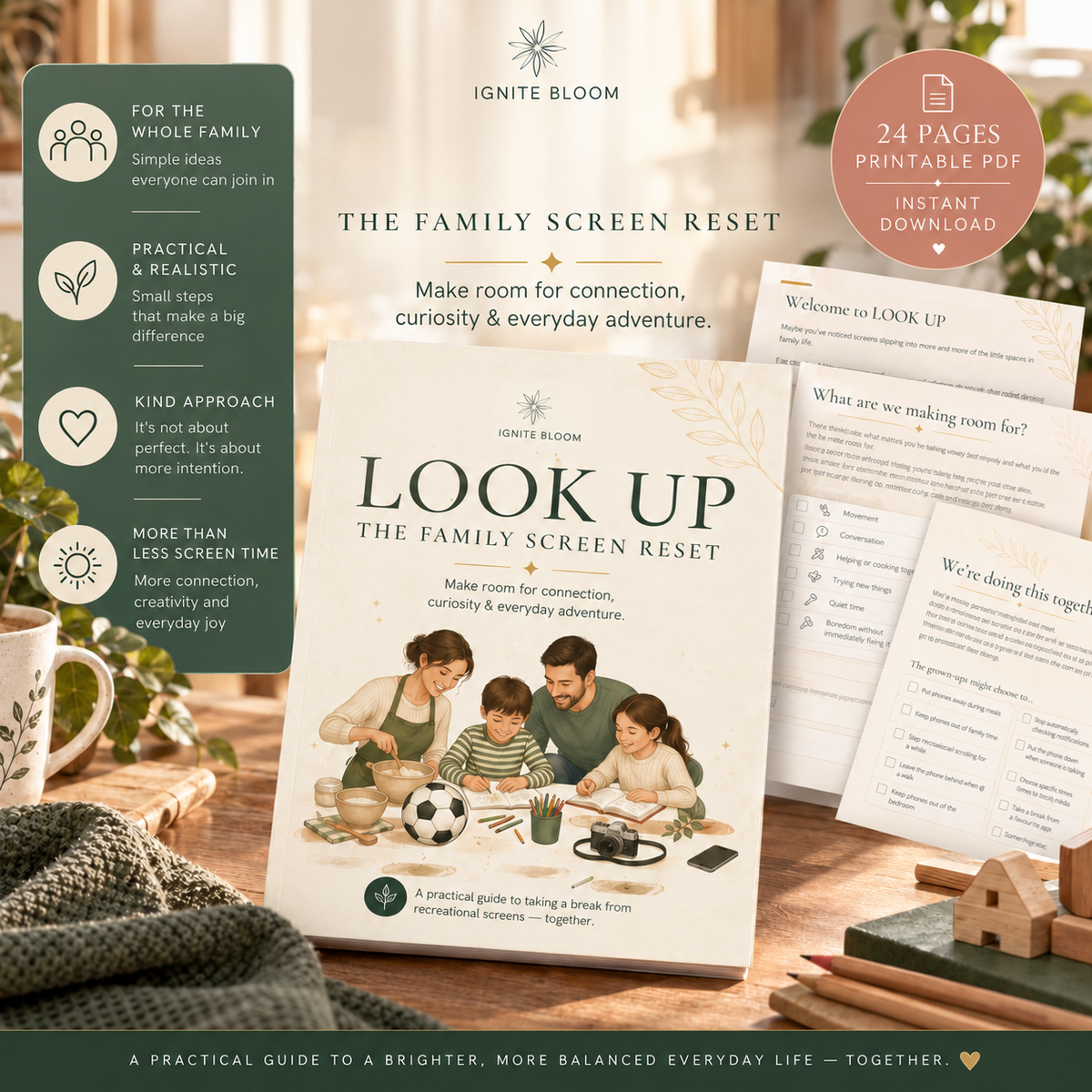 A promotional mockup for the printable PDF book 'Look Up: The Family Screen Reset' by Hinte Bloom, shown on a wooden tabletop with several printed pages fanned out beside it. The cover features a family illustration and a warm beige background.