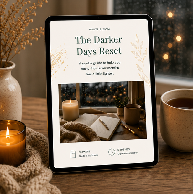 A tablet displaying a digital guide titled 'The Darker Days Reset' by Ignite Bloom, styled on a wooden table with a cozy winter scene including a lit candle, mug of tea, knit blanket, and a window with warm bokeh lights.