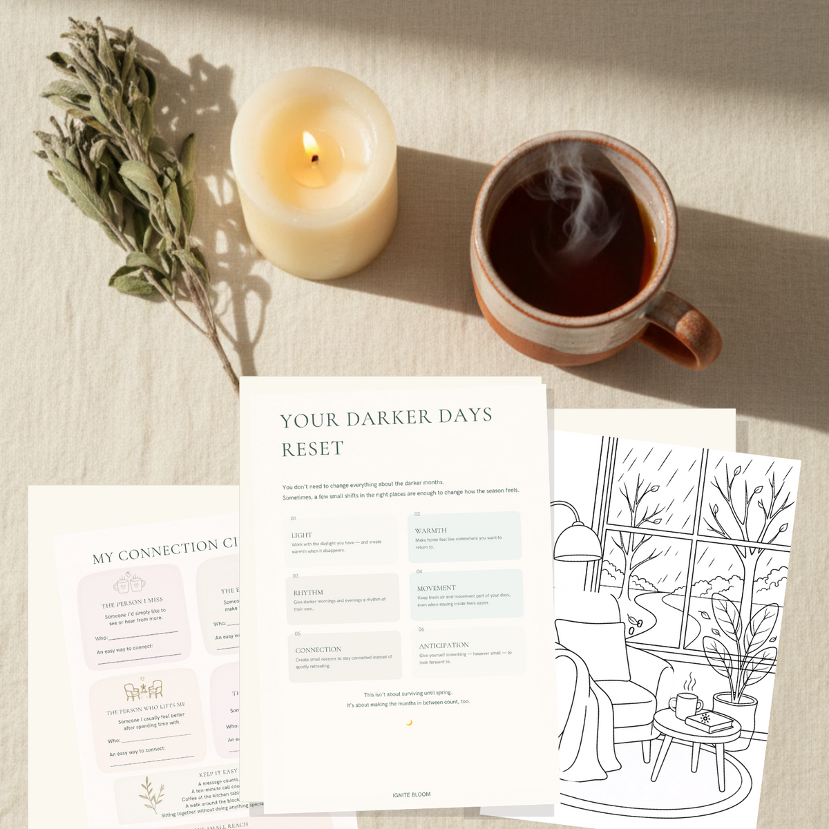 A styled flat-lay of printed journaling or therapy worksheets titled 'YOUR DARKER DAYS RESET' and other matching pages, arranged on a light fabric surface beside a lit candle, dried herbs, and a cup of tea.