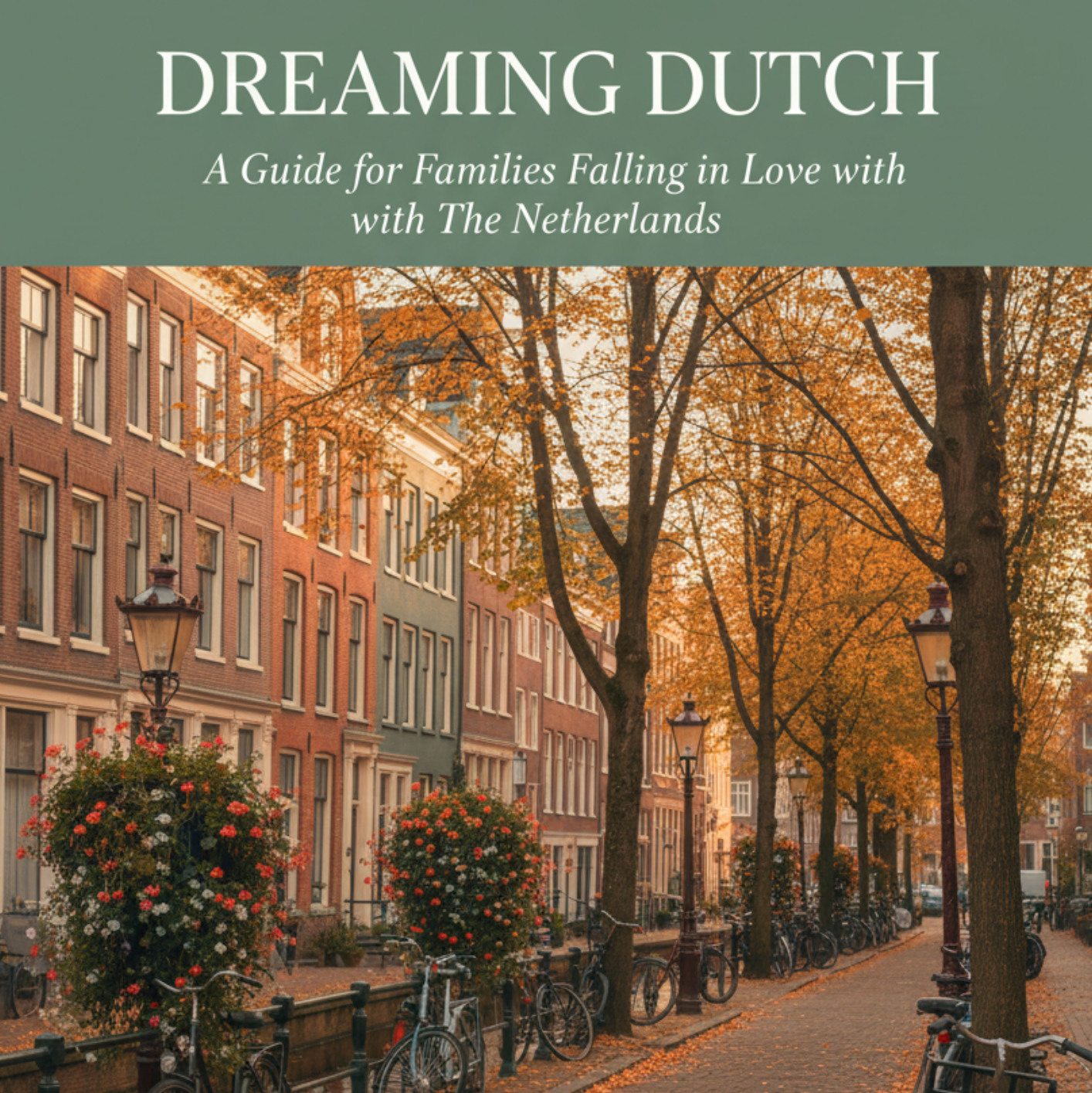 Book cover titled 'Dreaming Dutch' with a street scene in The Netherlands featuring trees, buildings, and bicycles.