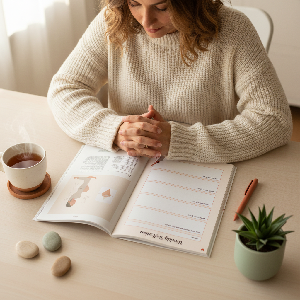 Yoga Journal Weekly Reflection page flat lay with person at desk