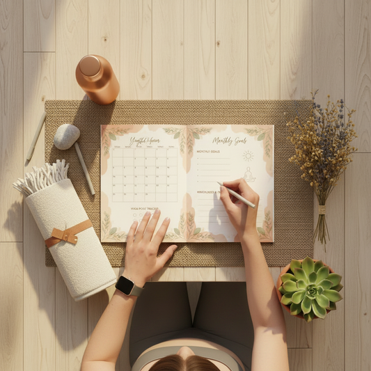 Monthly yoga planner at desk with person in sports clothes