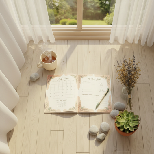 Monthly yoga planner by visible window