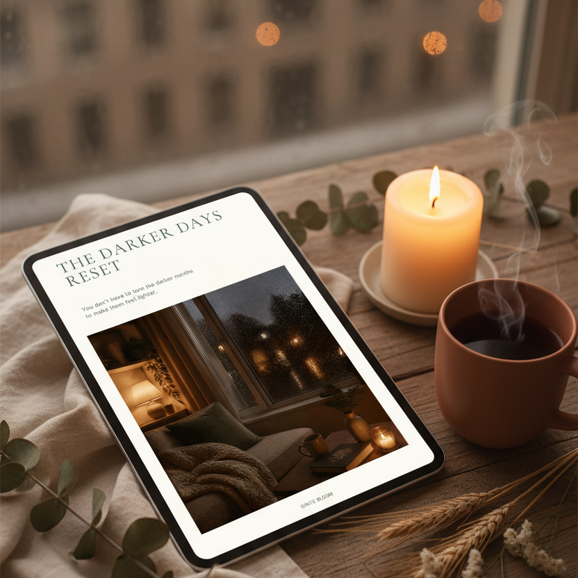 A tablet lying on a wooden table displays a cozy interior scene with warm lighting and the headline 'THE DARKER DAYS RESET.' The scene is styled with a lit candle, a terracotta mug, dried flowers, greenery, and a softly blurred window background.