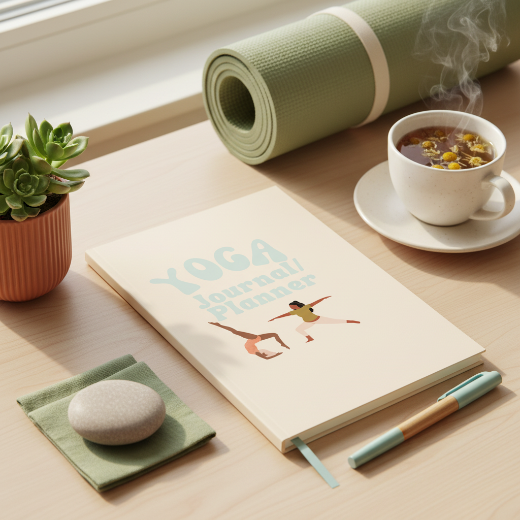 Yoga Journal styled desk scene